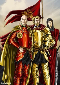 Kevan and Tywin Lannister (with one of their sworn men)