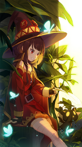 Megumin playing with Chomusuke in a garden.