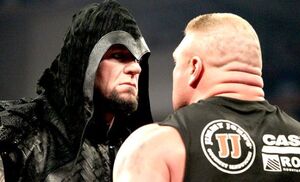 The Undertaker confronts Brock Lesnar.