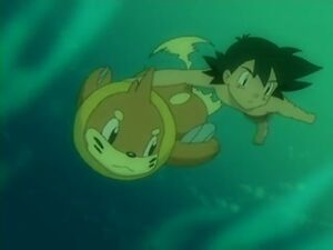 Ash Ketchum and Buizel under the water.