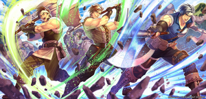 Combined artwork of Barst, Bord and Cord for Fire Emblem 0 trading cards of all three characters.