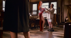 Jessica Rabbit trying to convince Eddie Valiant that Roger Rabbit is innocent