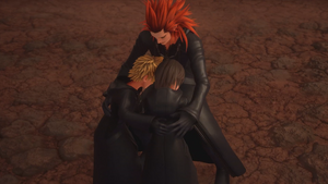 Xion having an emotional reunion with Lea and Roxas.