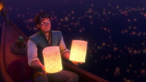 Eugene surprising Rapunzel by presenting her their own two lanterns.