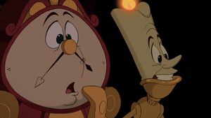 When Sultan suddenly barks out the window, Lumière and Cogsworth think Belle has returned.