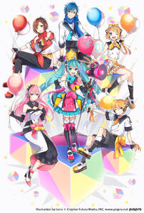 Miku and the Crypton Vocaloids with balloons