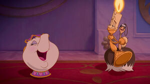 Lumière about to laugh at Mrs. Potts's playful comment.