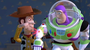 "Woody: Yeah, sure. Go ahead, melt him with your scary laser. Buzz: Be careful with that! It's extremely dangerous!"