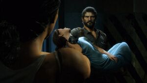 An unconscious Ellie being held by Joel, escaping the hospital.