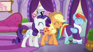 Rarity, Applejack, and Rainbow laughing together S6E10