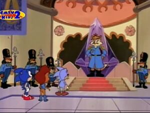 King Acorn with future Sonic and Sally and Uncle Chuck in the throne room in Blast to the Past, Part 1.