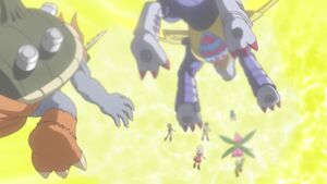 Three Digimon and four Chosen Ones are in Goldramon’s orb.
