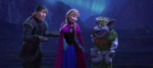 Anna and Kristoff denying to Bulda and the trolls that they are a couple.