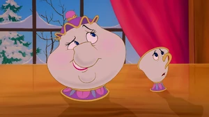 When Belle and Beast eat a meal together, Mrs. Potts and Chip notice Belle getting uncomfortable with Beast's slobbering.