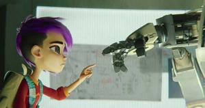 Mai touching a robot's hand