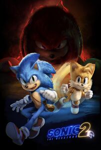 Sonic and Tails on another Sonic Movie 2 poster, with Knuckles watching over them in the background.