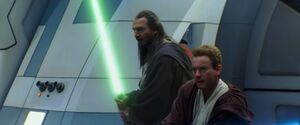 Obi-Wan and Qui-Gon being overwhelmed by droidekas, forcing them to retreat.