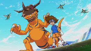 Greymon and Taichi surrounded by Coredramon