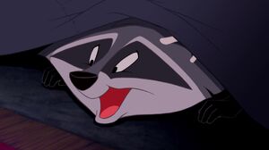 Meeko sneaking into Governor Ratcliffe's tent where he sees Percy eating dog biscuits.