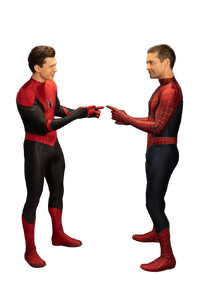 Tobey and Tom pointing at each other.