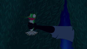 Flit being grabbed by Meeko so Pocahontas and John can have some privacy.