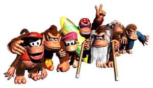 The Kong Family in Donkey Kong Country 2. From left to right: Diddy Kong, Donkey Kong, Dixie Kong, Funky Kong, Cranky Kong, Wrinkly Kong, and Swanky Kong.