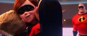 Helen Parr hugging her children for saving her, Bob, and Lucius from Evelyn Deavor