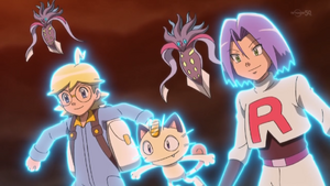 Clemont, James and Meowth with Malamars