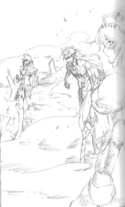 Kubo sketch of released Nelliel in the Valley of Screams with Harribel and Grimmjow in the CFYOW novels