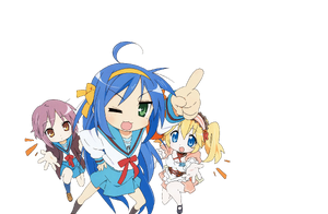 Lucky SOS Brigade (Konata Izumi as Haruhi Suzumiya, Yuki Nagato as Herself, and Patricia Martin as Mikuru Asahina).