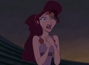 Megara sobbing after Hades strips Hercules of his strength.