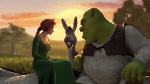 Donkey interrupts Shrek and Fiona's love moment.