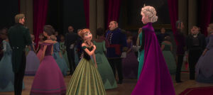 After her dance with the Duke, Anna walks back to Elsa.