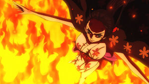 Nico Robin on top of area burned by Black Maria