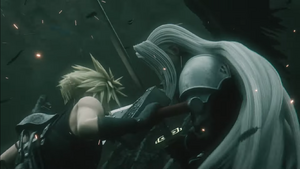 Cloud fighting Sephiroth in the latter's reveal.