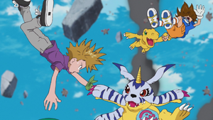 Yamato, Gabumon, Agumon and Taichi in sky