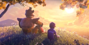 Gregory and Glamrock Freddy watching the sunsrise from a hill.