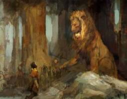 Formal illustration of Aslan with Lucy.