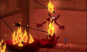 Cri-Kee and Mushu dodging the Huns' flaming arrows.