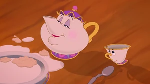 Mrs. Potts and Chip helping Beast relearn how to use etiquette.