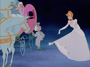 Bruno amazed to see Cinderella wearing a beautiful, sparkling dress and glass slippers.