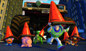 Slinky crossing the road with Potato Head, Hamm, Rex and Buzz in Toy Story 2