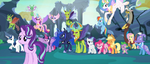 Ponies, changelings, Spike, and Discord opposing Chrysalis S6E26