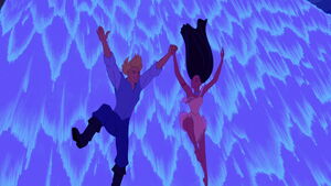 Pocahontas and John jumping down a waterfall.