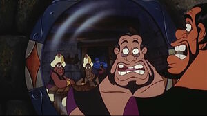 "It can't be!" Razoul shocked to see the King of Thieves escaped (Actually Aladdin in disguise)