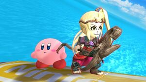 Kirby with Viridi as a Mii Fighter.