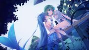 Yande.re 614633 bikini top cleavage gumi hatsune miku mermaid monster girl sakakidani see through swimsuits tail vocaloid wallpaper wet yuri