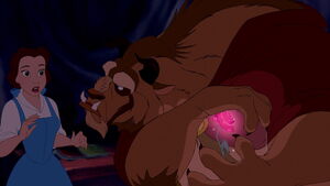 Belle being stopped by Beast from touching the rose.