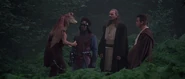 Panaka, Qui-Gon, and Obi-Wan hearing Jar Jar say he can take them to where the Gungans are hiding.