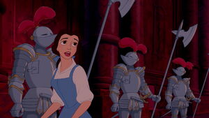 Belle being given a tour of the castle by Cogsworth.